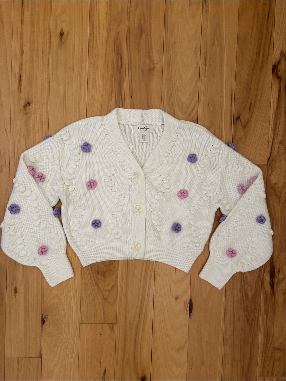 JESSICA SIMPSON | Cream 3D Pastel Flower Chunky Knit Cropped Cardigan | Size S
